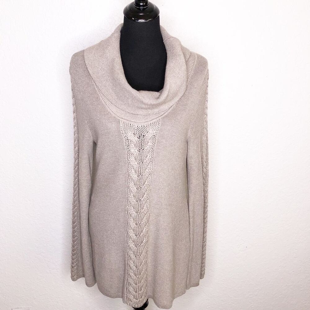 WHBM taupe metallic mixed cable knit cowl neck tunic sweater size Large